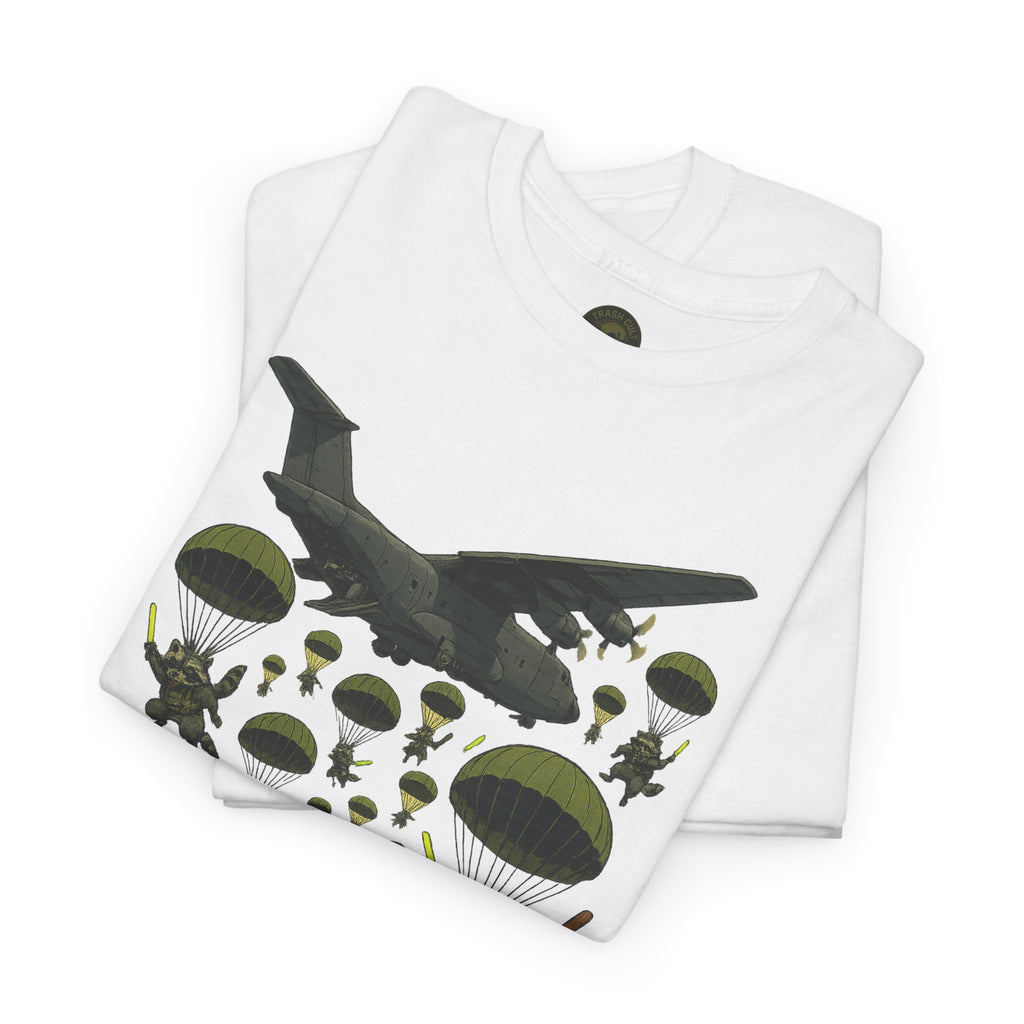Deploy the Ferals T-Shirt – Airborne Raccoon Drop Graphic | Trash Cult Supply Co. | Gildan 5000 Heavy Cotton Tee