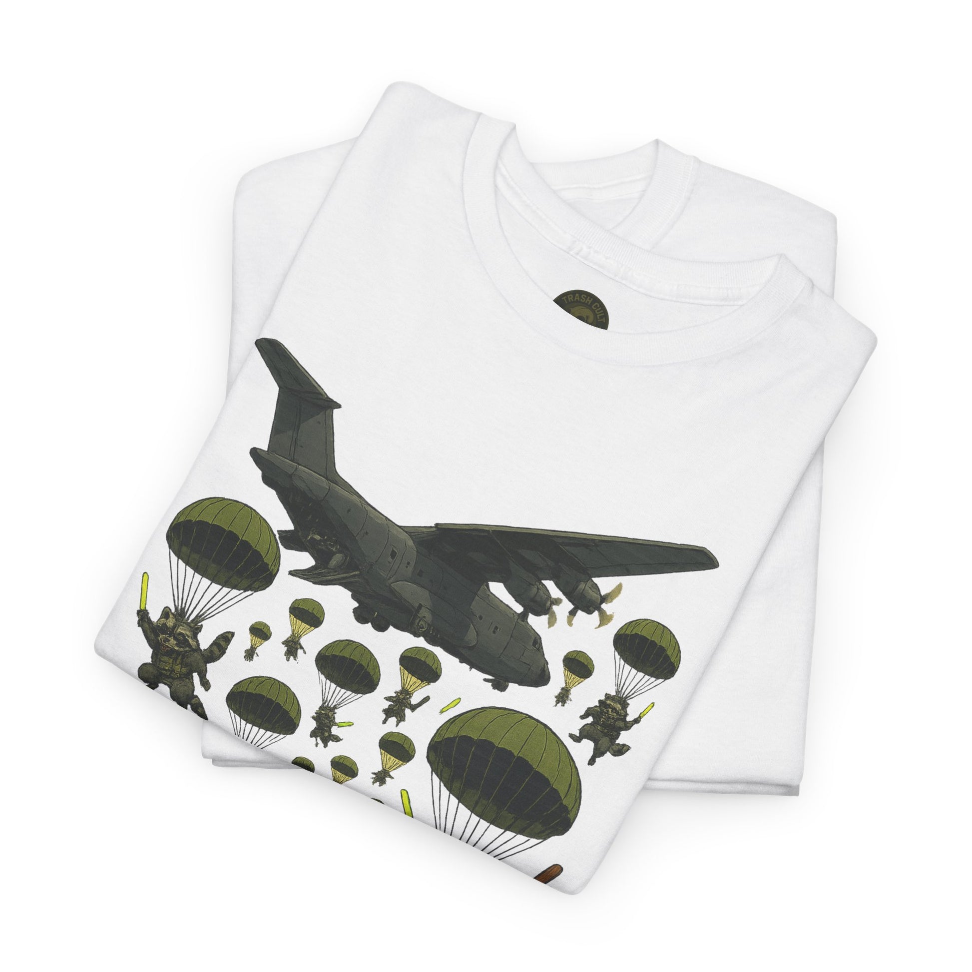 Deploy the Ferals T-Shirt – Airborne Raccoon Drop Graphic | Trash Cult Supply Co. | Gildan 5000 Heavy Cotton Tee