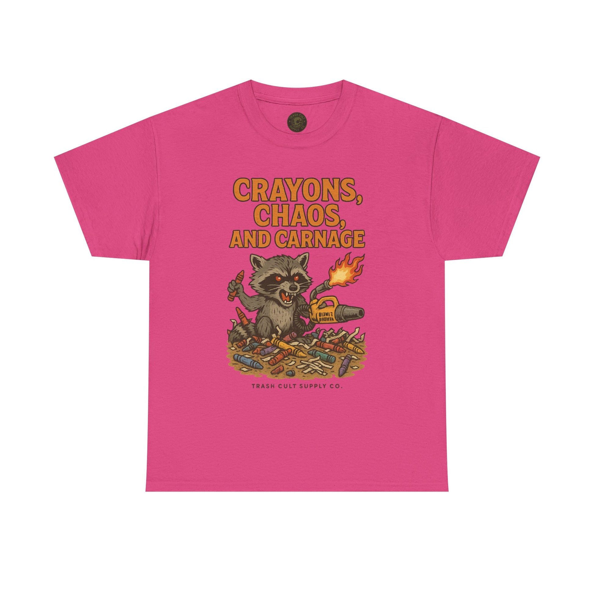 Crayons, Chaos, and Carnage T-Shirt – Dark Humor Raccoon Graphic | Trash Cult Supply Co. | Gildan 5000 Tee