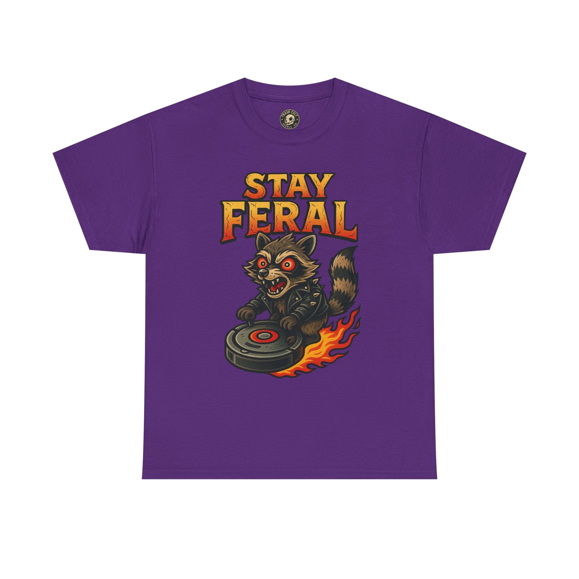 Stay Feral Roomba Raccoon T-Shirt – Bold New School Tattoo Style | Trash Cult Supply Co