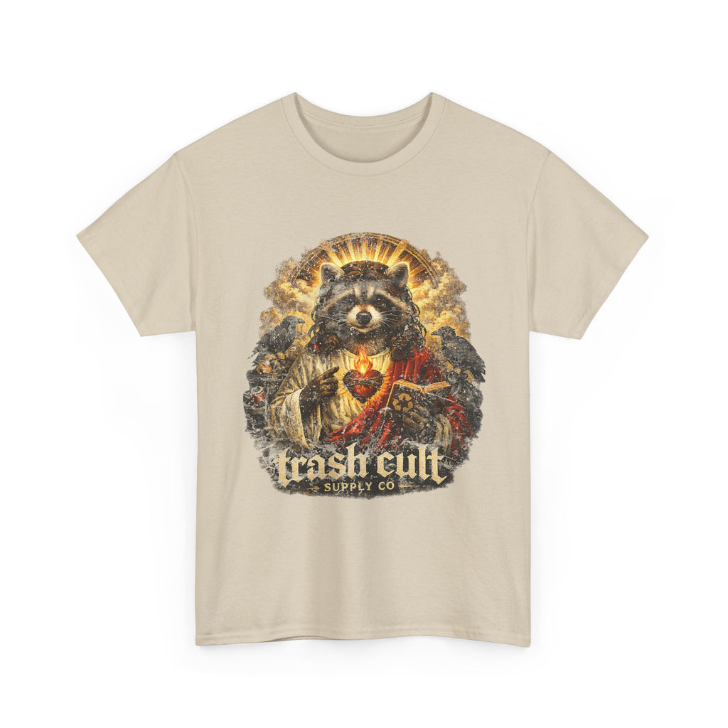 Raccoon Saint Graphic Tee — “Trash Cult” Vintage Devotional Design