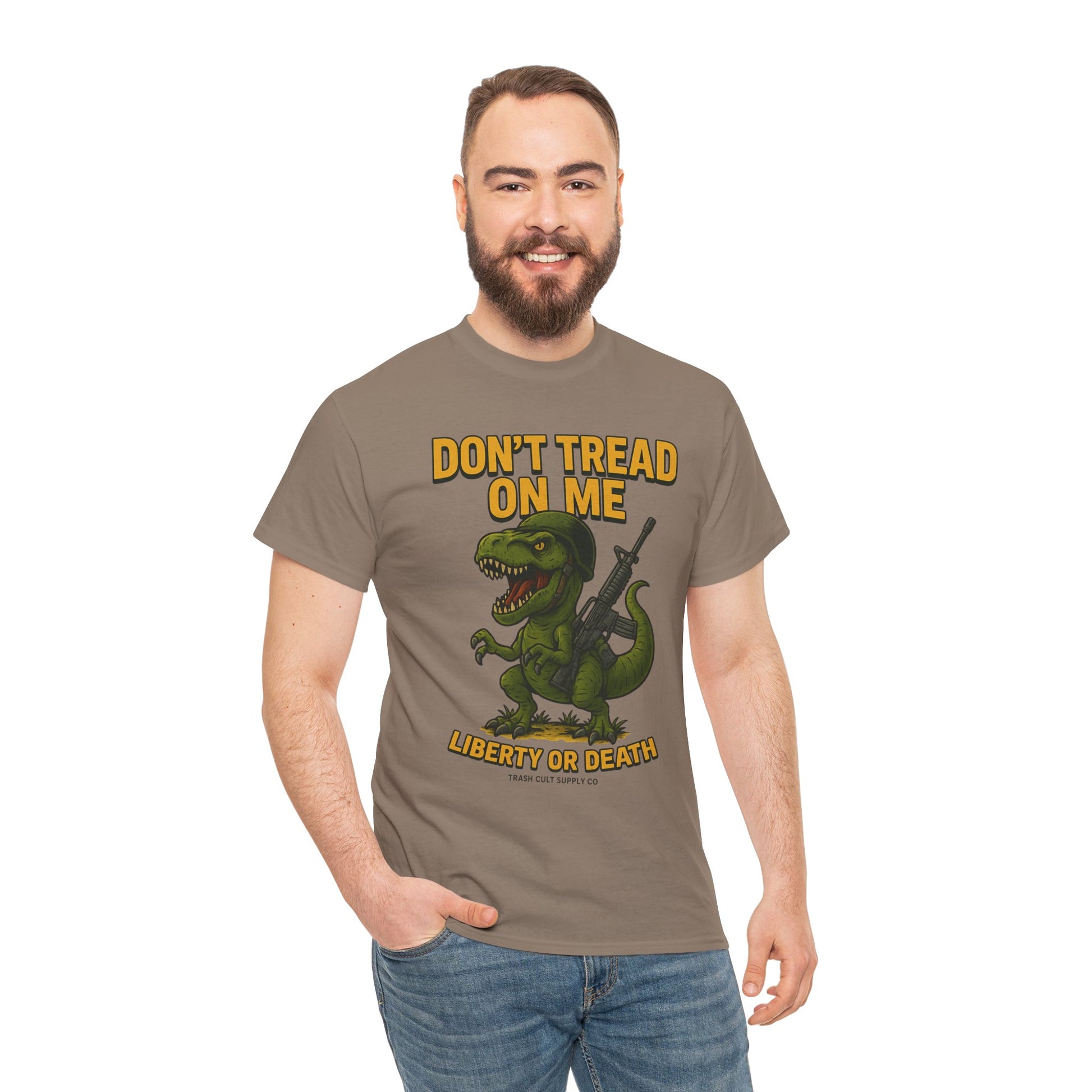 Don’t Tread On Me T-Rex T-Shirt – Liberty or Death Graphic | Trash Cult Supply Co. | Gildan 5000 Heavy Cotton