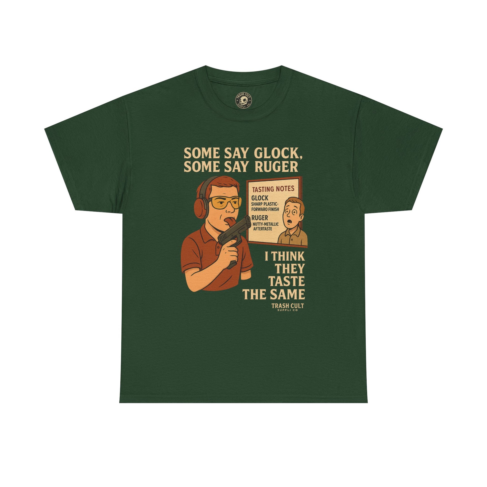 Glock vs Ruger Mouthfeel Shirt – Funny Gun Show Parody Tee | Dark Humor Firearm Tasting Notes Shirt