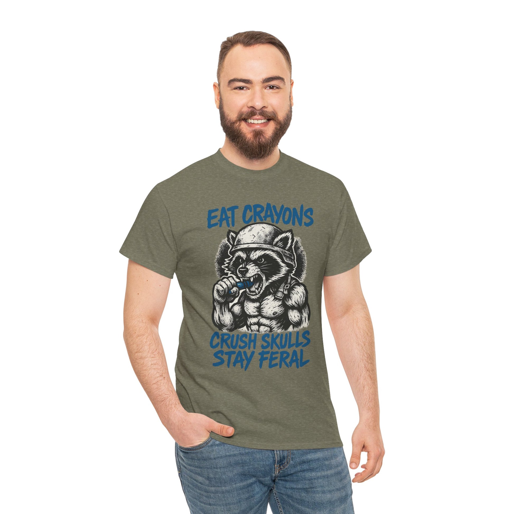 Eat Crayons Crush Skulls Stay Feral Military Raccoon Shirt – Gildan 5000
