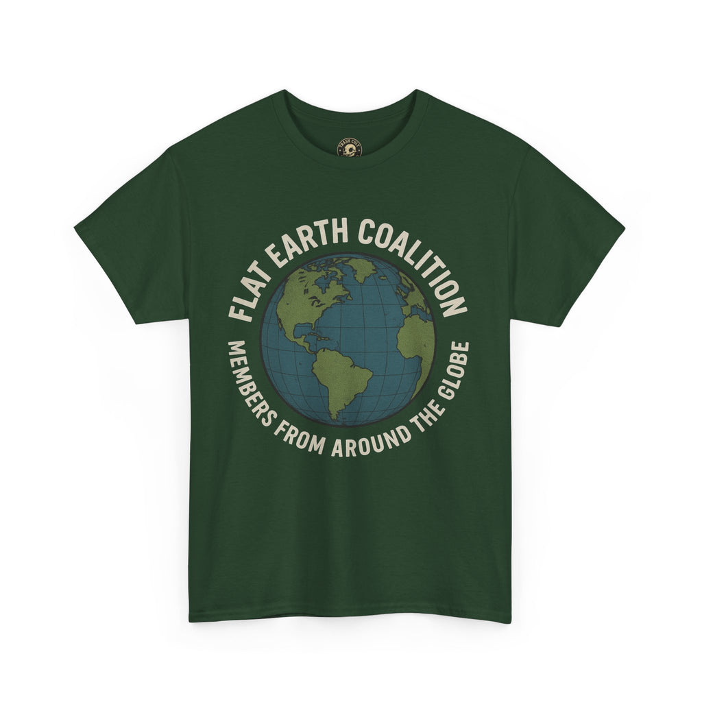 Flat Earth Coalition Funny Globe Parody Shirt – “Members From Around the Globe” Tee – Satirical Conspiracy Theory Humor Tee
