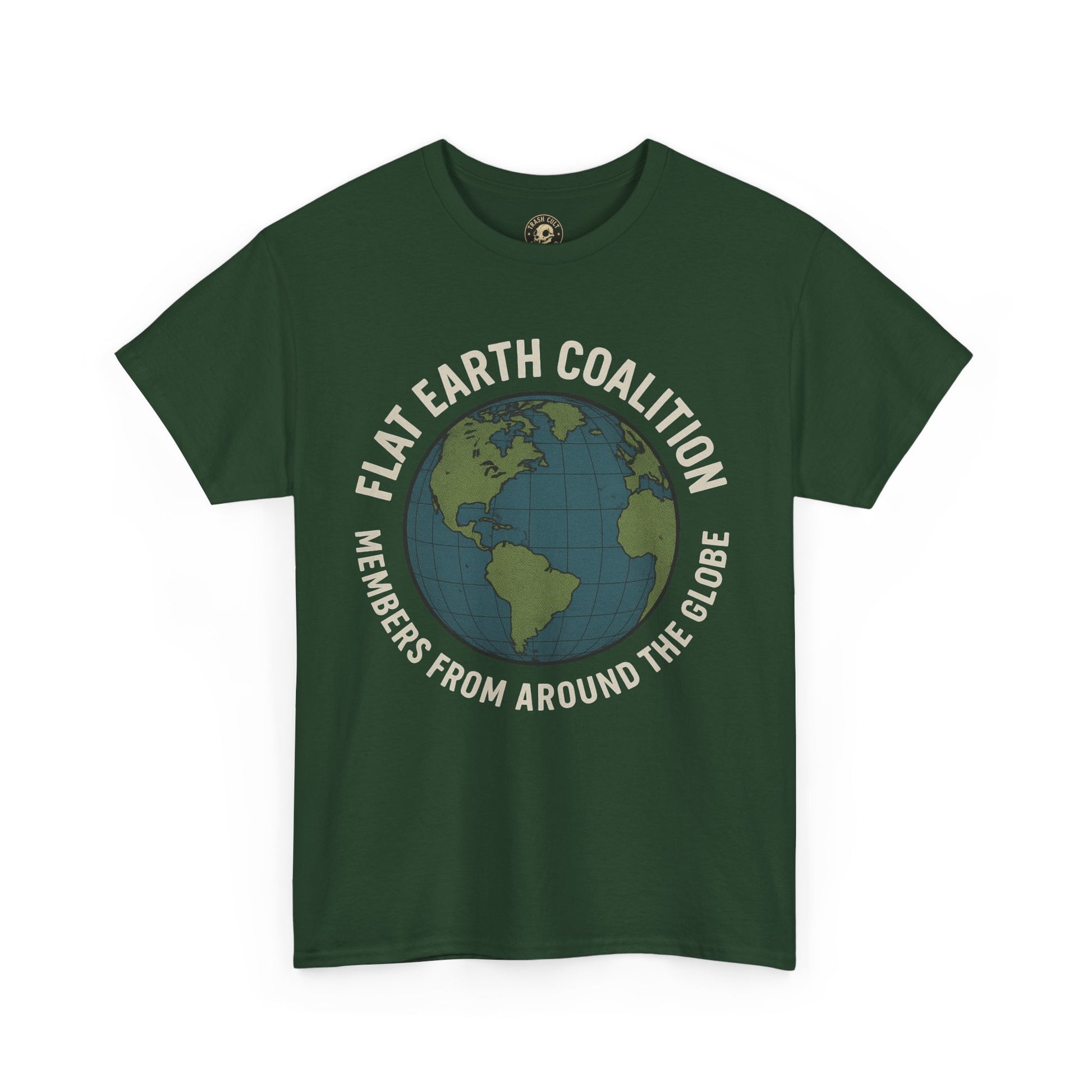 Flat Earth Coalition Funny Globe Parody Shirt – “Members From Around the Globe” Tee – Satirical Conspiracy Theory Humor Tee