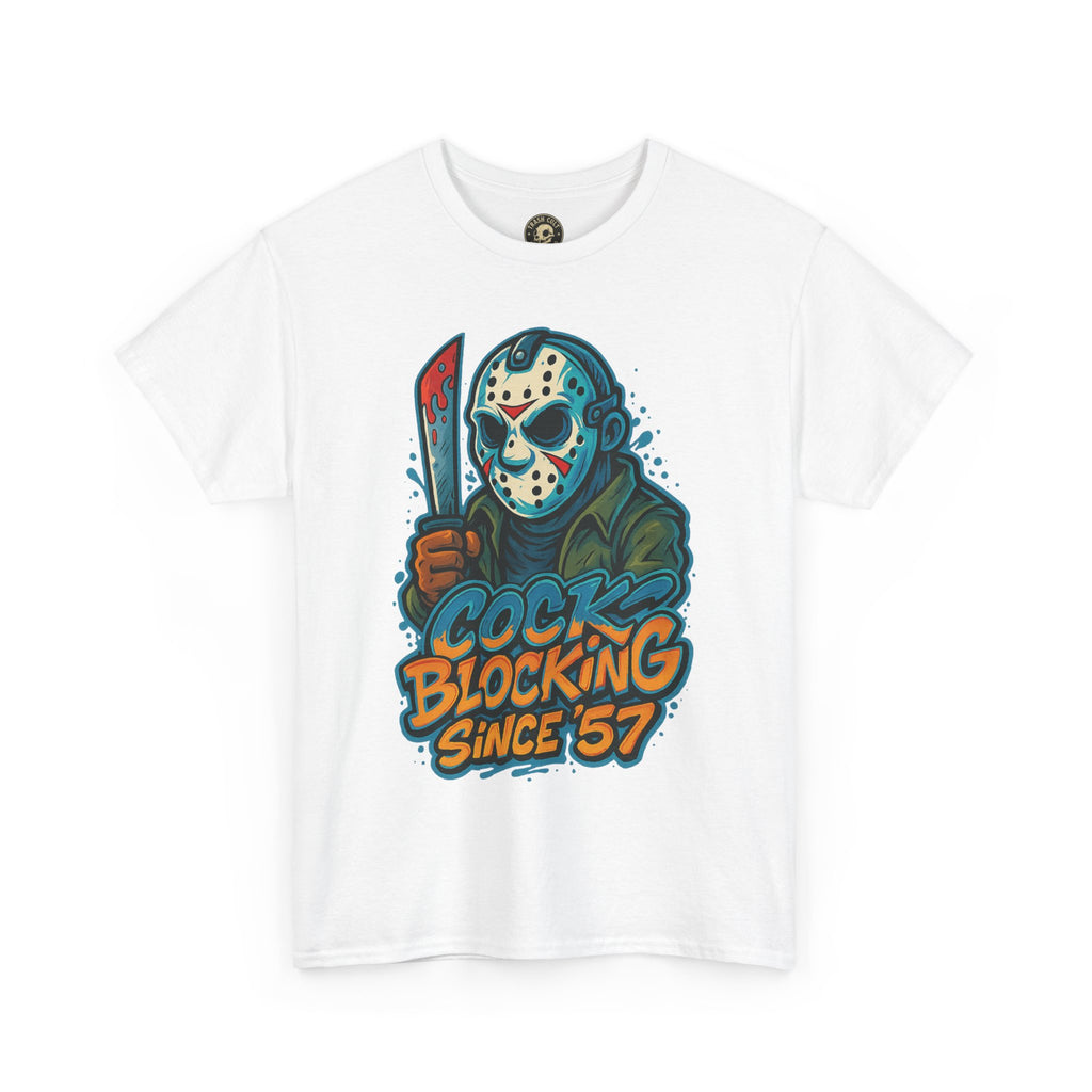 Jason Voorhees “Cock Blocking Since ’57” Funny Horror T-Shirt – Gildan 5000 | Slasher Meme Graphic Tee