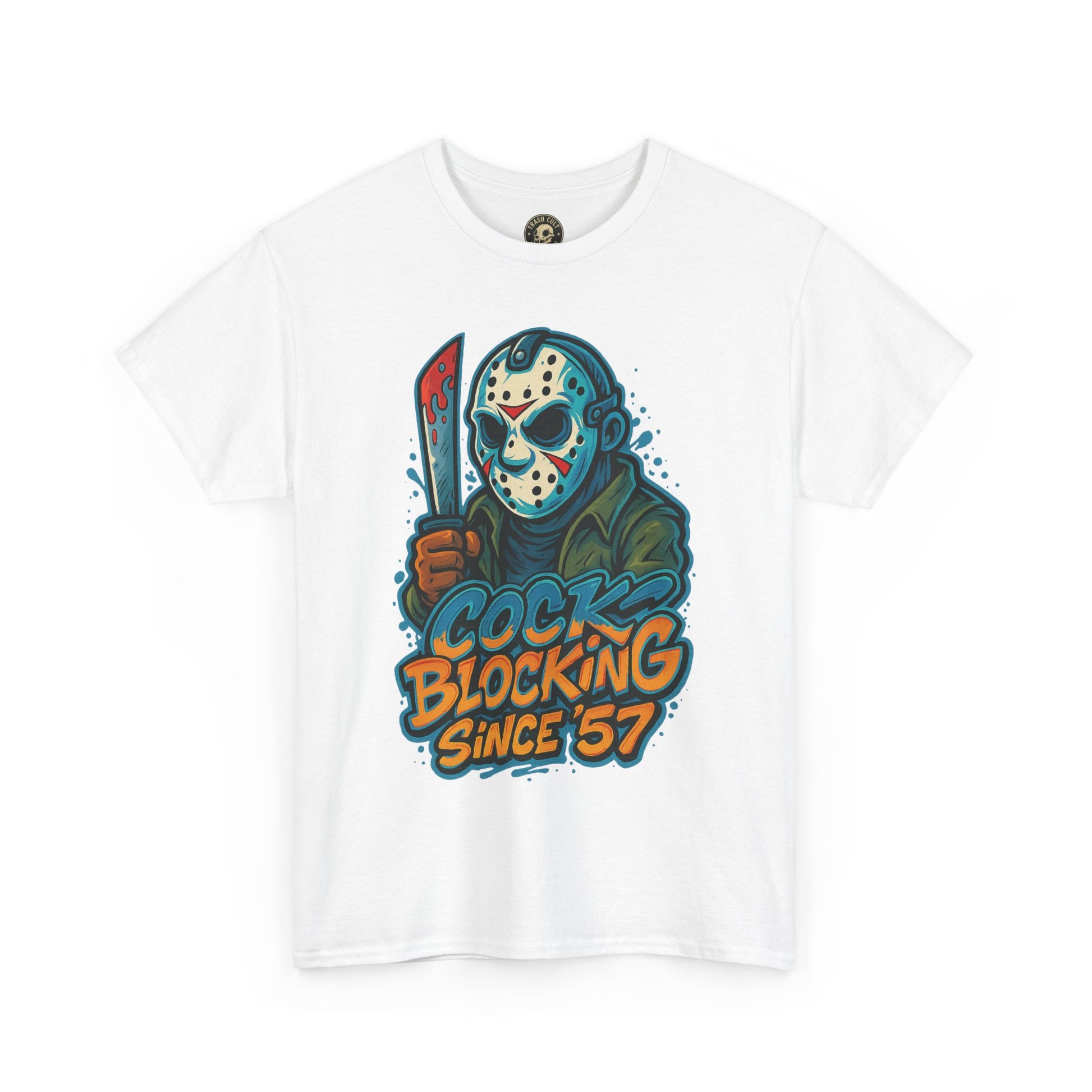 Jason Voorhees “Cock Blocking Since ’57” Funny Horror T-Shirt – Gildan 5000 | Slasher Meme Graphic Tee