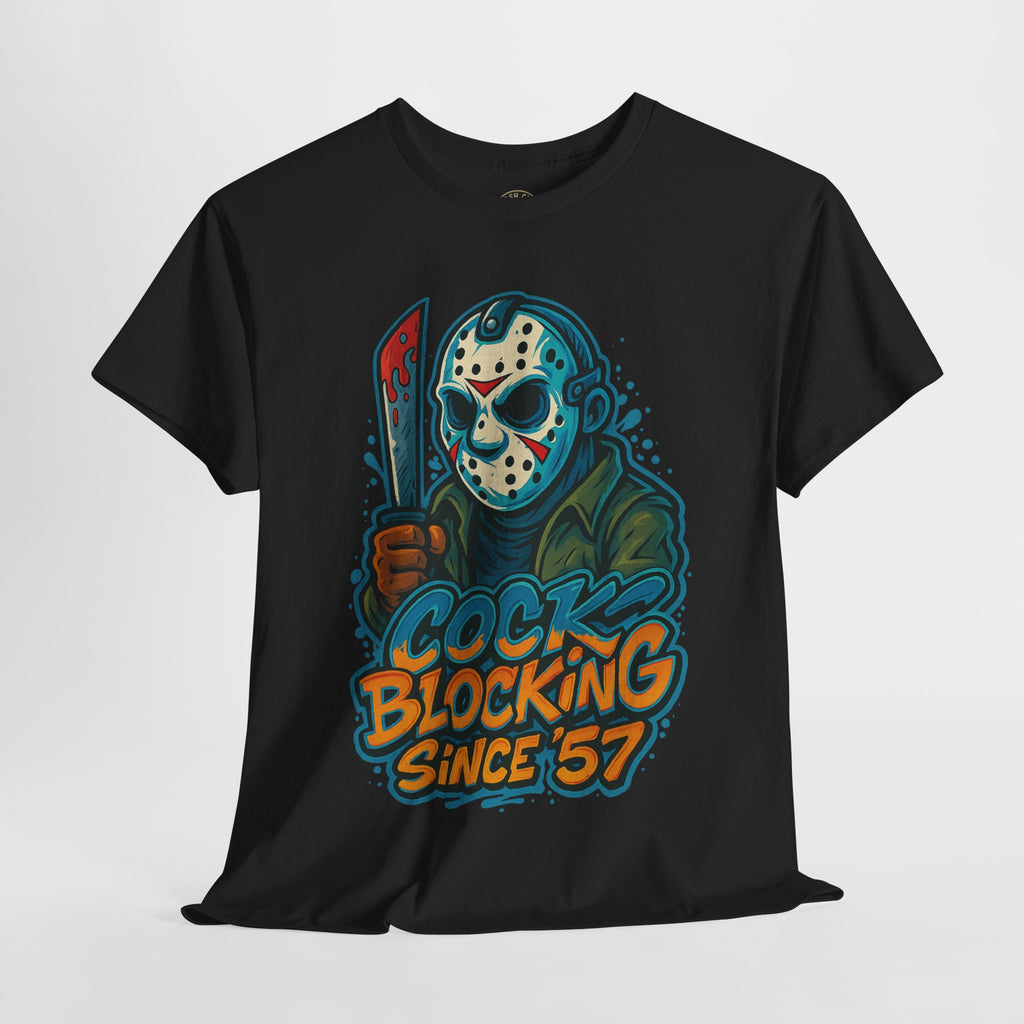 Jason Voorhees “Cock Blocking Since ’57” Funny Horror T-Shirt – Gildan 5000 | Slasher Meme Graphic Tee