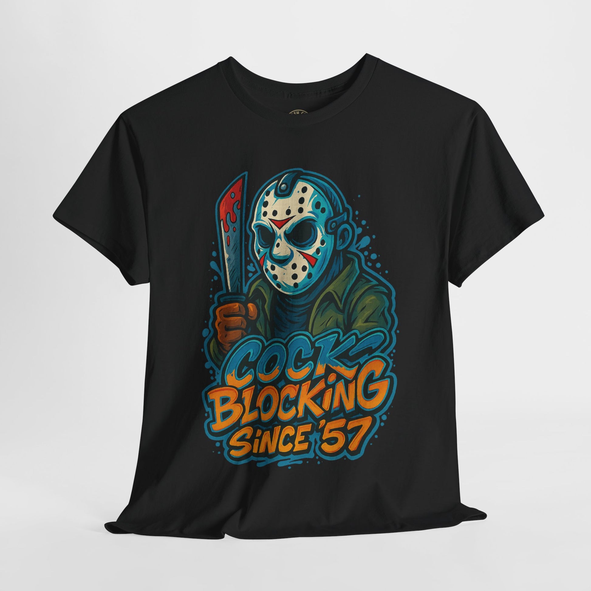 Jason Voorhees “Cock Blocking Since ’57” Funny Horror T-Shirt – Gildan 5000 | Slasher Meme Graphic Tee