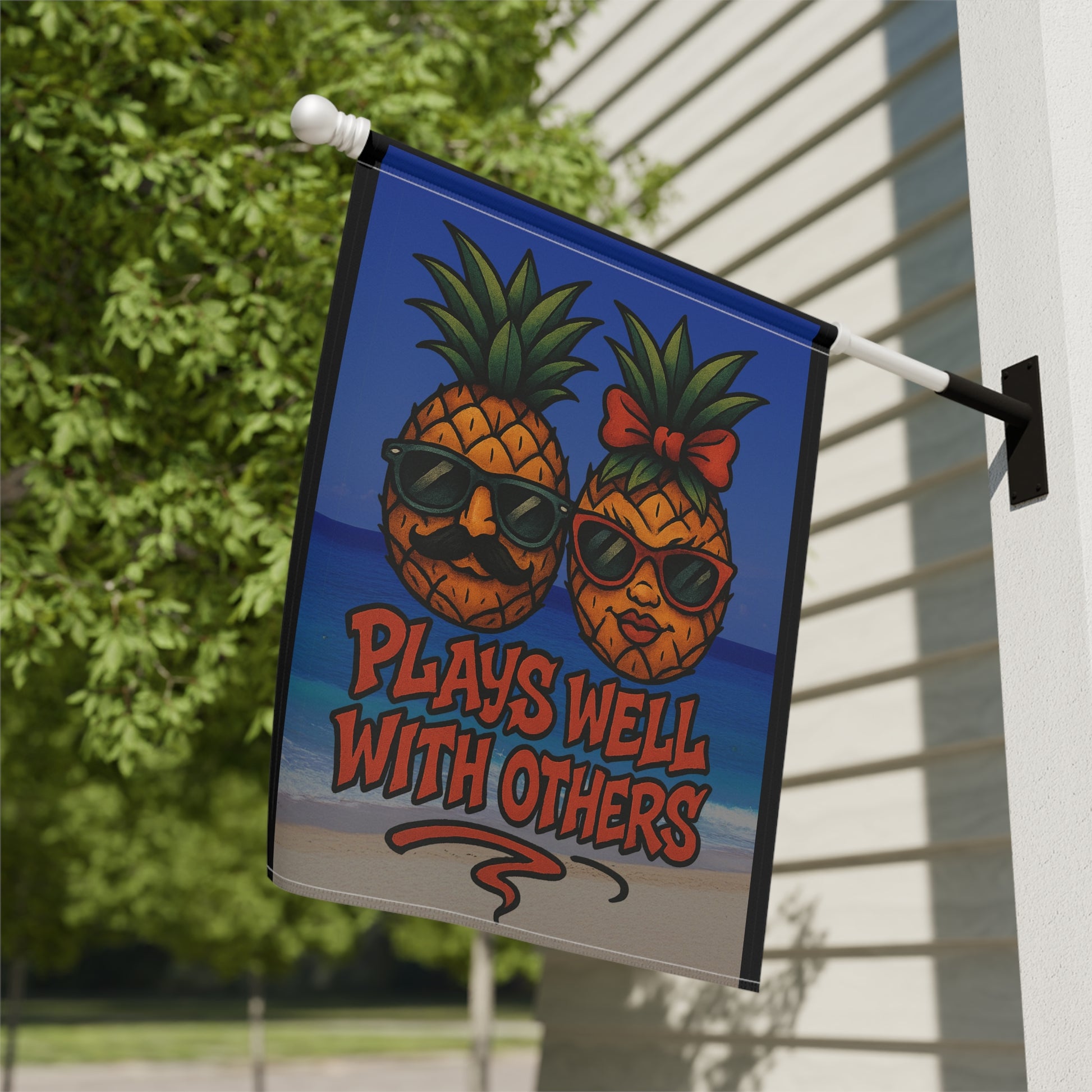Funny Upside Down Pineapple Garden Flag – “Plays Well With Others” Tropical Banner – New School Tattoo Style