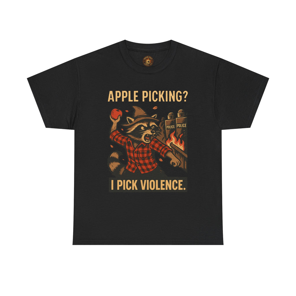 Apple Picking? I Pick Violence Shirt – Angry Raccoon Riot Tee – Fall of Humanity Collection – Trash Cult Supply Co.