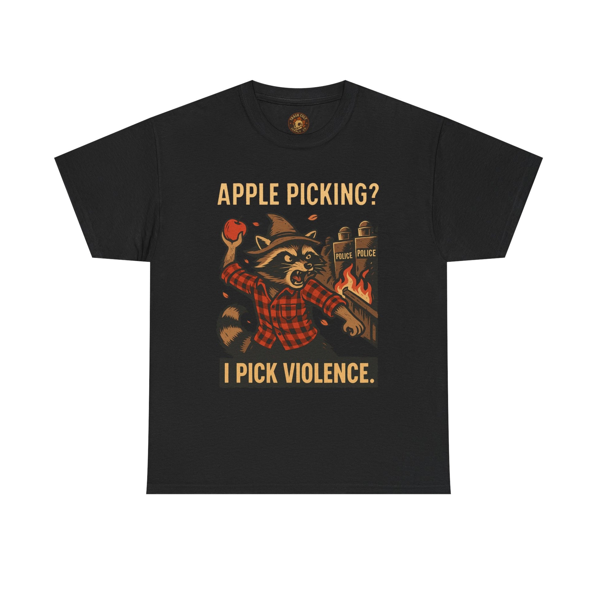 Apple Picking? I Pick Violence Shirt – Angry Raccoon Riot Tee – Fall of Humanity Collection – Trash Cult Supply Co.