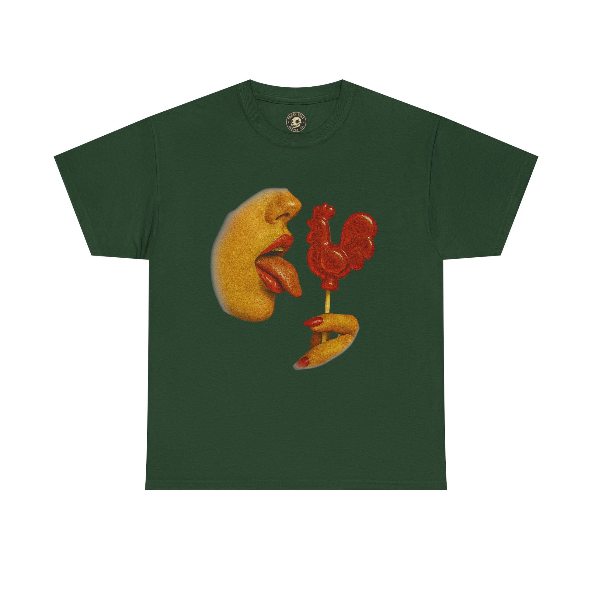 Bold Retro Halftone Tease – Red Rooster Lollipop Graphic Tee