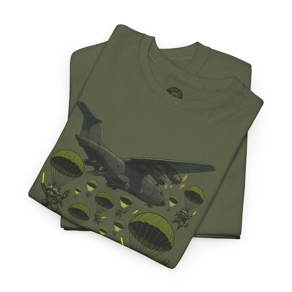 Deploy the Ferals T-Shirt – Airborne Raccoon Drop Graphic | Trash Cult Supply Co. | Gildan 5000 Heavy Cotton Tee