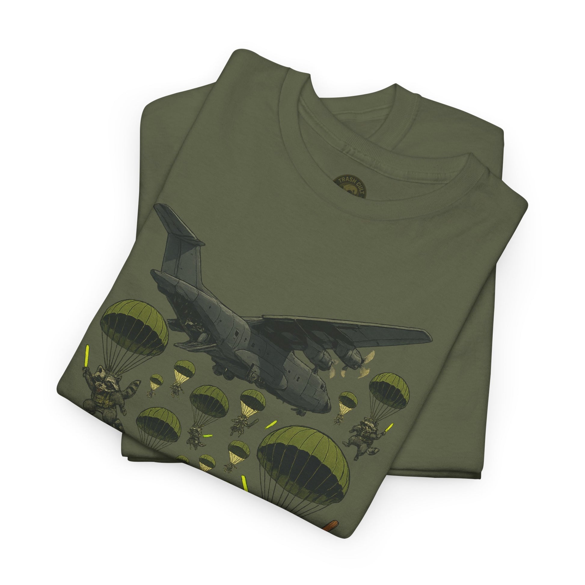 Deploy the Ferals T-Shirt – Airborne Raccoon Drop Graphic | Trash Cult Supply Co. | Gildan 5000 Heavy Cotton Tee