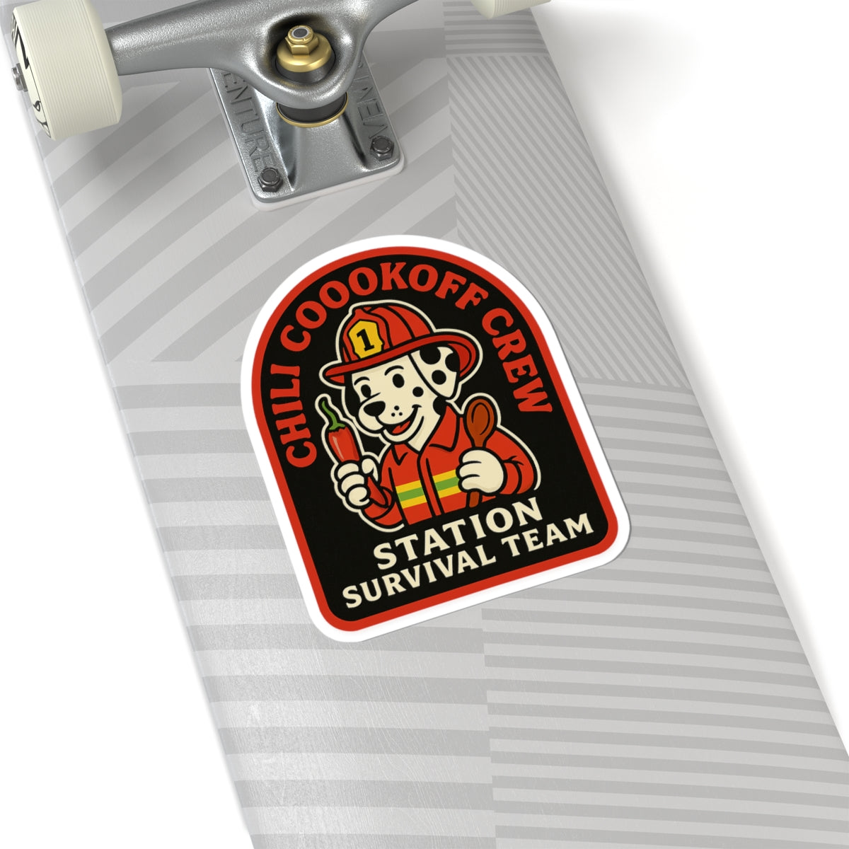 Chili Cookoff Crew – Station Survival Team Sticker – Funny Firefighter Vinyl Decal with Dalmatian Chef Design