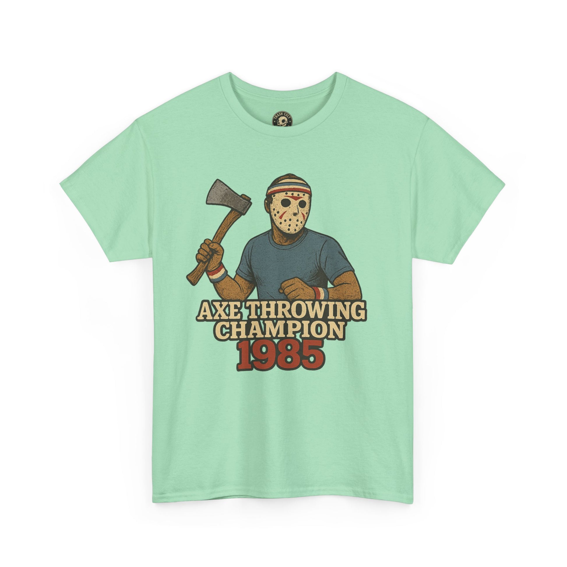 Jason Voorhees Axe Throwing Champion 1985 T-Shirt – Retro Slasher Workout Parody | Gildan 5000 Tee