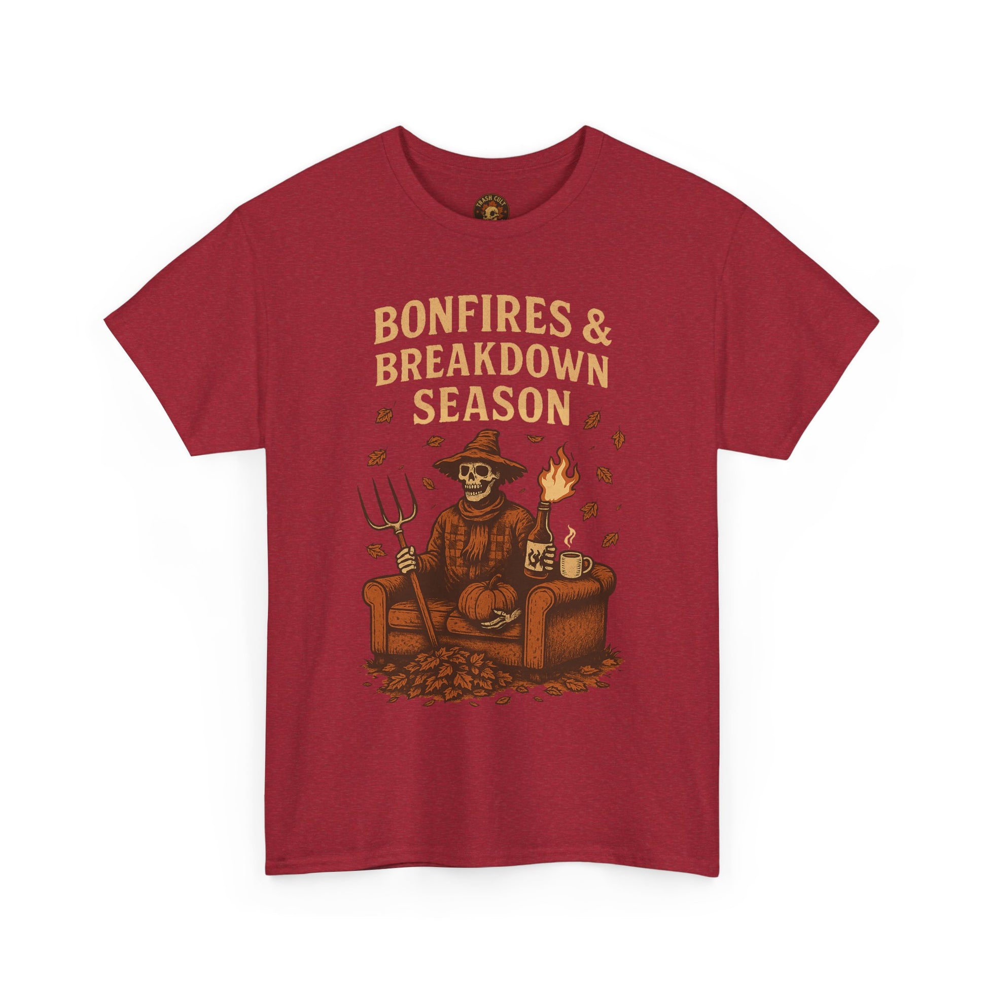 Bonfires & Breakdown Season Shirt – Skeleton Couch Chaos Tee – Fall of Humanity Collection – Trash Cult Supply Co.