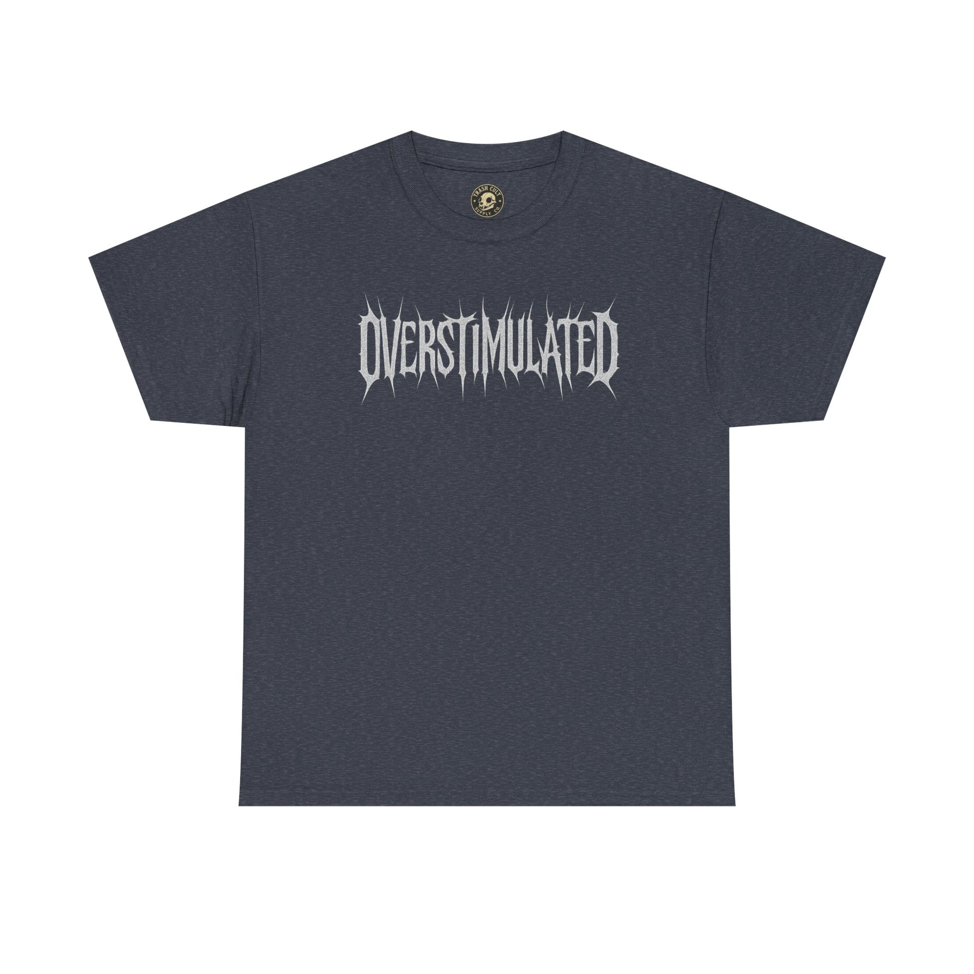OVERSTIMULATED Metalcore Grunge Shirt – White on Black Distressed Font Tee