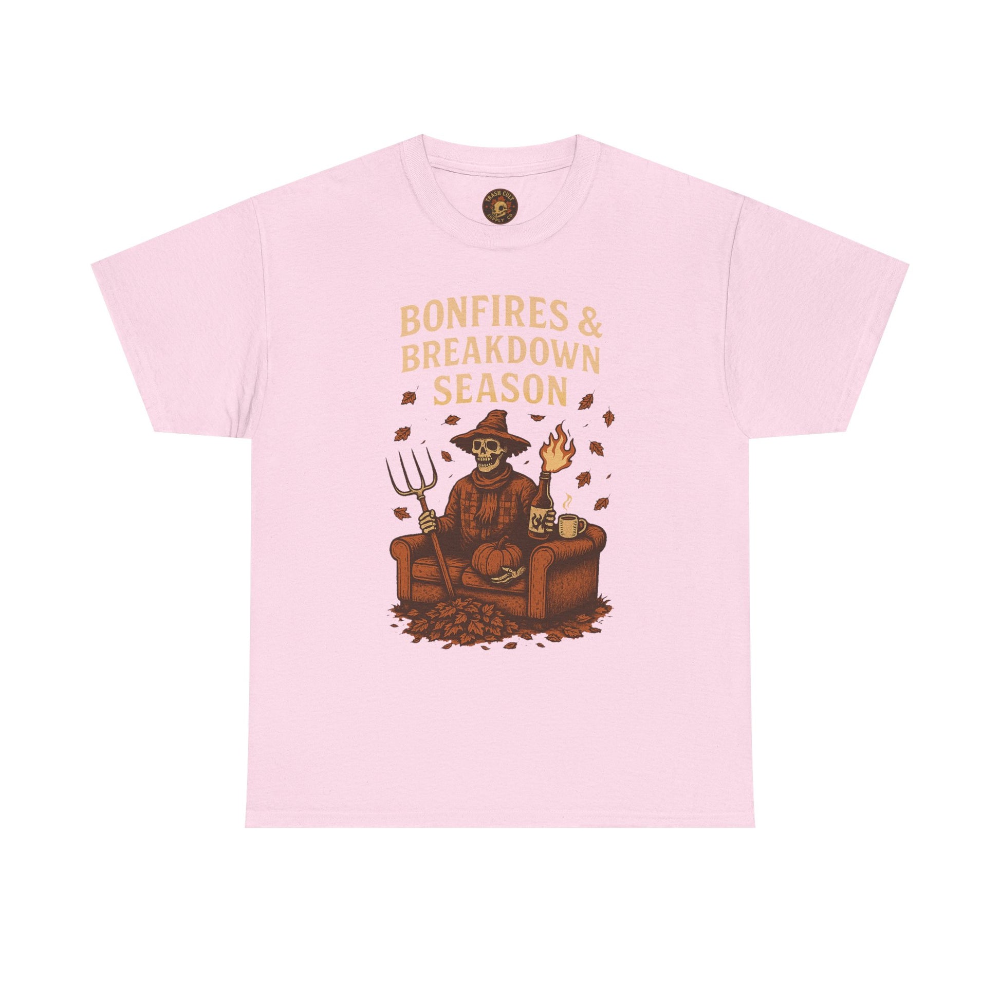 Bonfires & Breakdown Season Shirt – Skeleton Couch Chaos Tee – Fall of Humanity Collection – Trash Cult Supply Co.