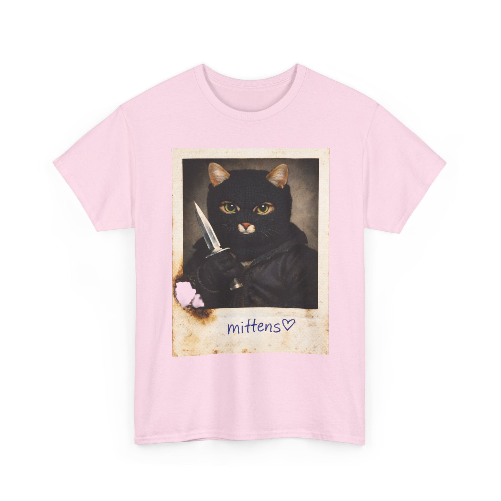 Cat With Knife Tee — "Mittens" Dark Humor Vintage Polaroid Graphic T-Shirt