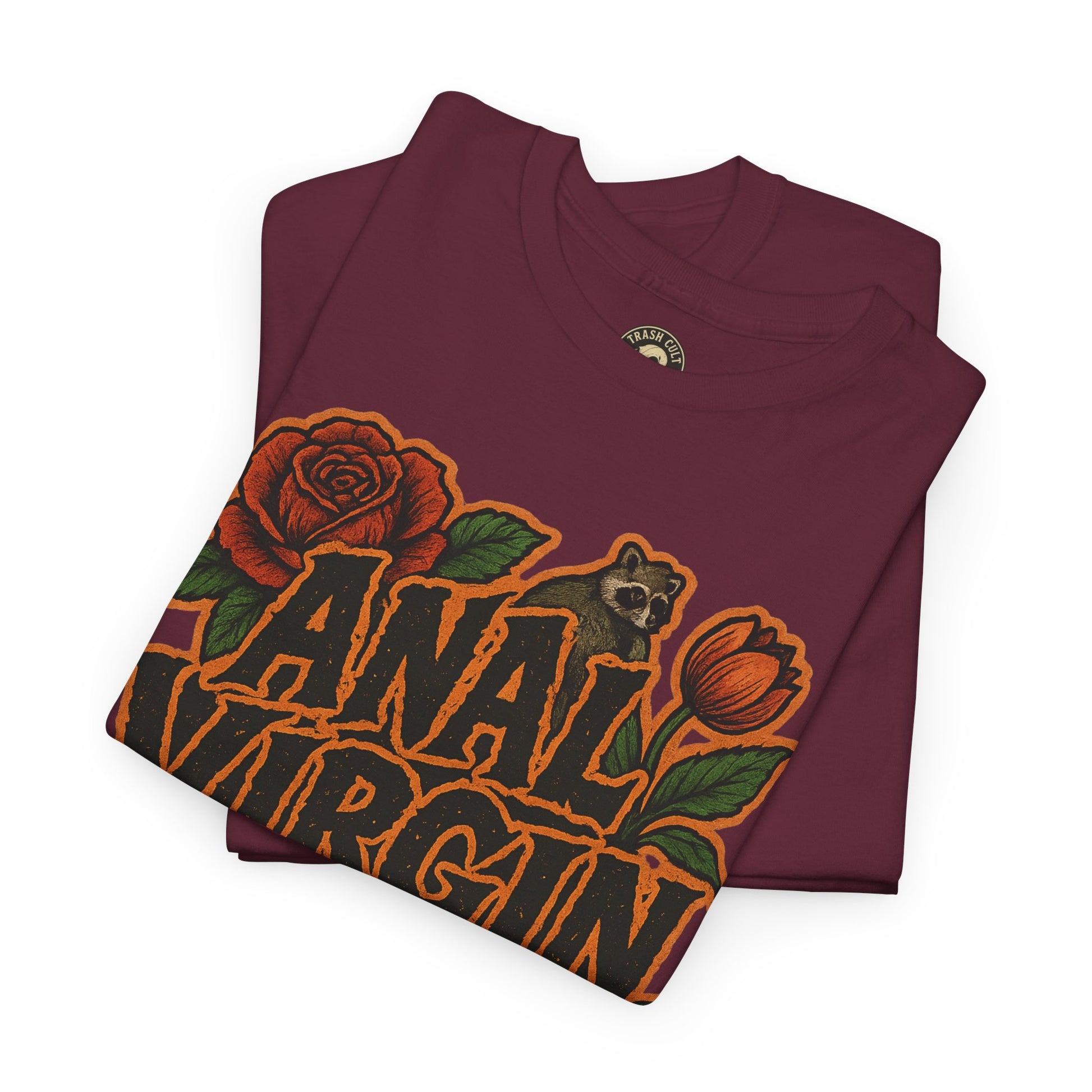 Anal Virgin Bold Floral Trashcore Tee – Funny Raccoon Shirt – Gildan 5000