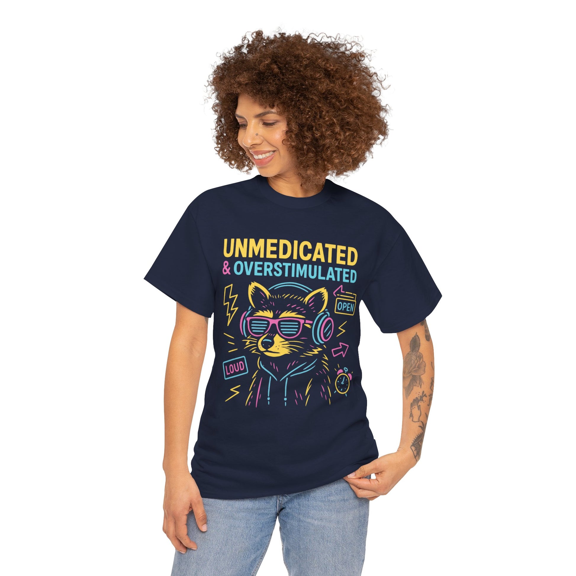 Unmedicated & Overstimulated Neon Raccoon ADHD Shirt – Trash Cult Supply Co. – Gildan 5000