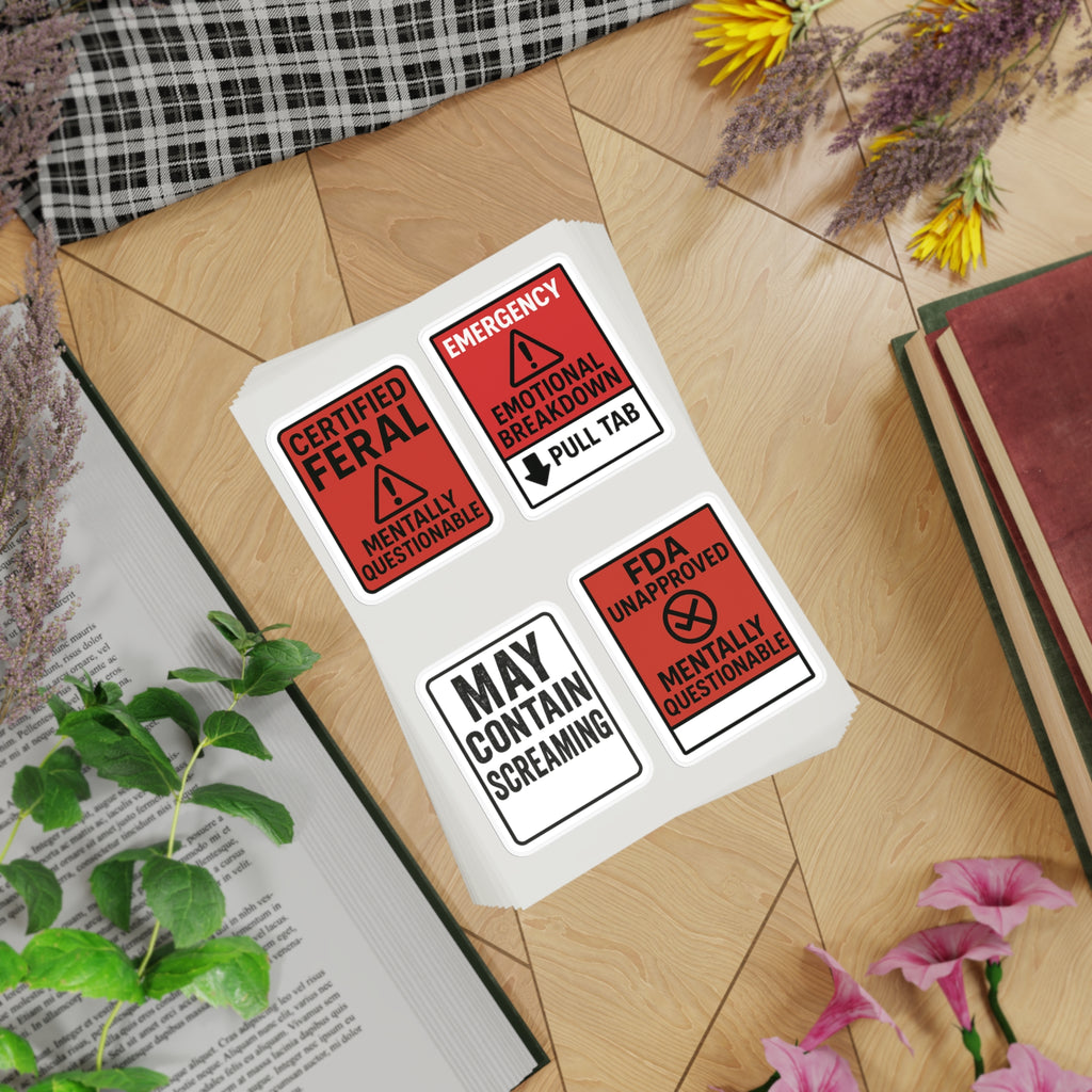 Feral Sticker Sheet Bundle – 10 Bold Mental Health & Chaos-Themed Stickers | Transparent, White & Holographic Vinyl