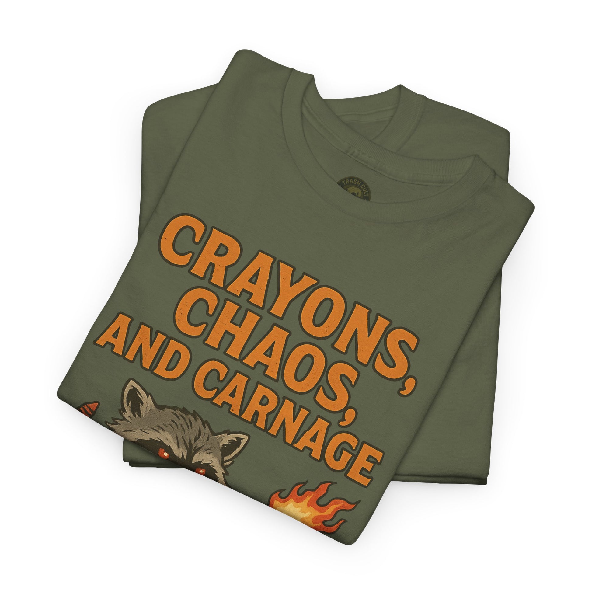Crayons, Chaos, and Carnage T-Shirt – Dark Humor Raccoon Graphic | Trash Cult Supply Co. | Gildan 5000 Tee