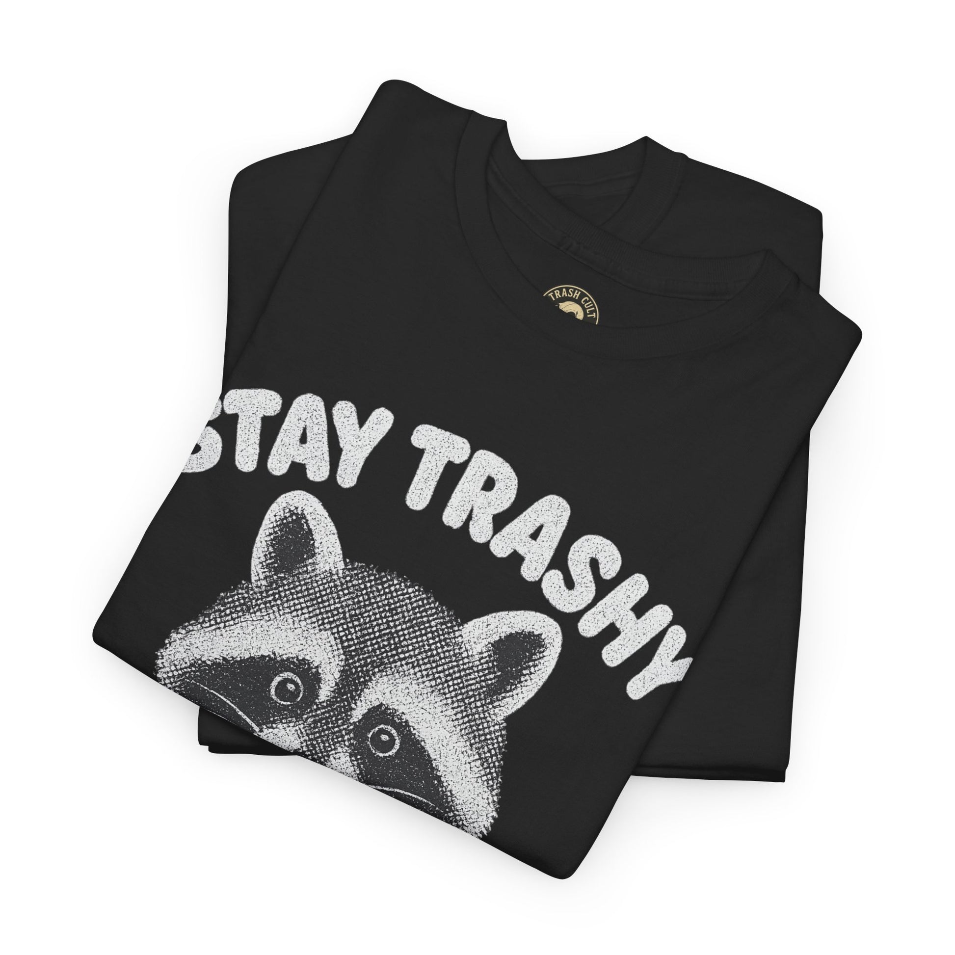 Stay Trashy Raccoon Iced Coffee Shirt – Halftone All White Design | Trash Cult Supply Co.