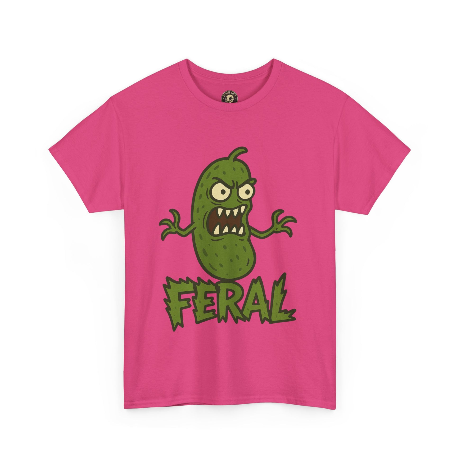 Feral Pickle Cartoon Tee – Trashcore Angry Pickle Shirt – Gildan 5000 Unisex Heavy Cotton