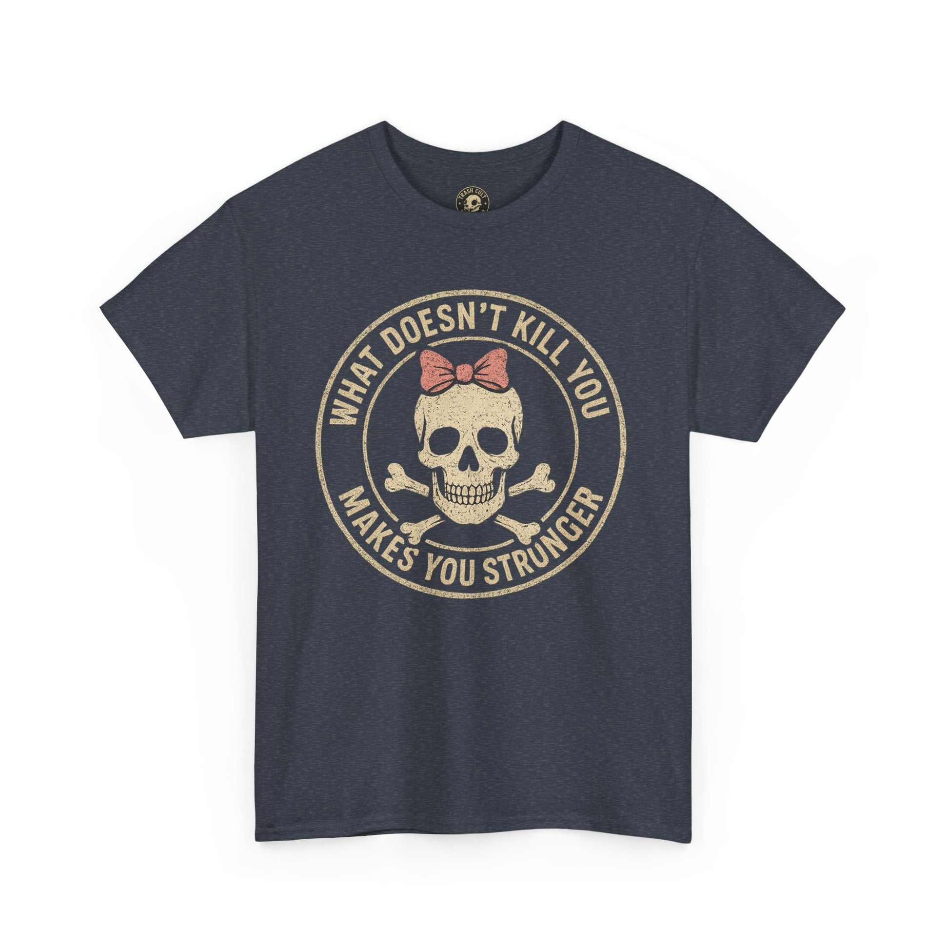 “What Doesn’t Kill You Makes You Stronger” Skull & Bow T-Shirt – Vintage Grunge Graphic | Gildan 5000