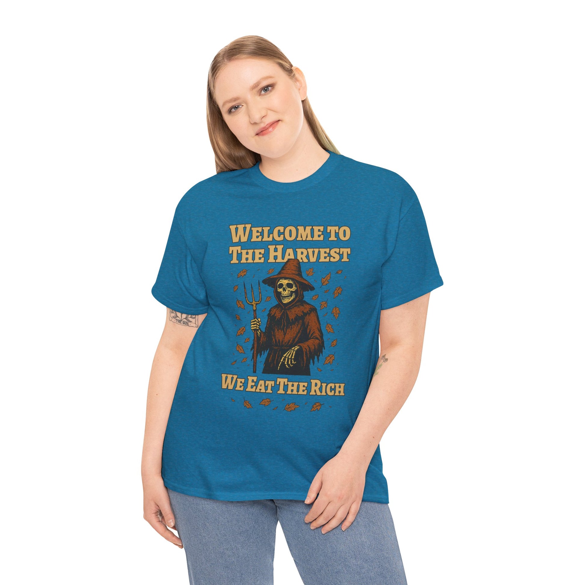 Eat the Rich Shirt – Welcome to the Harvest Skeleton Scarecrow Tee – Fall of Humanity Collection – Trash Cult Supply Co.