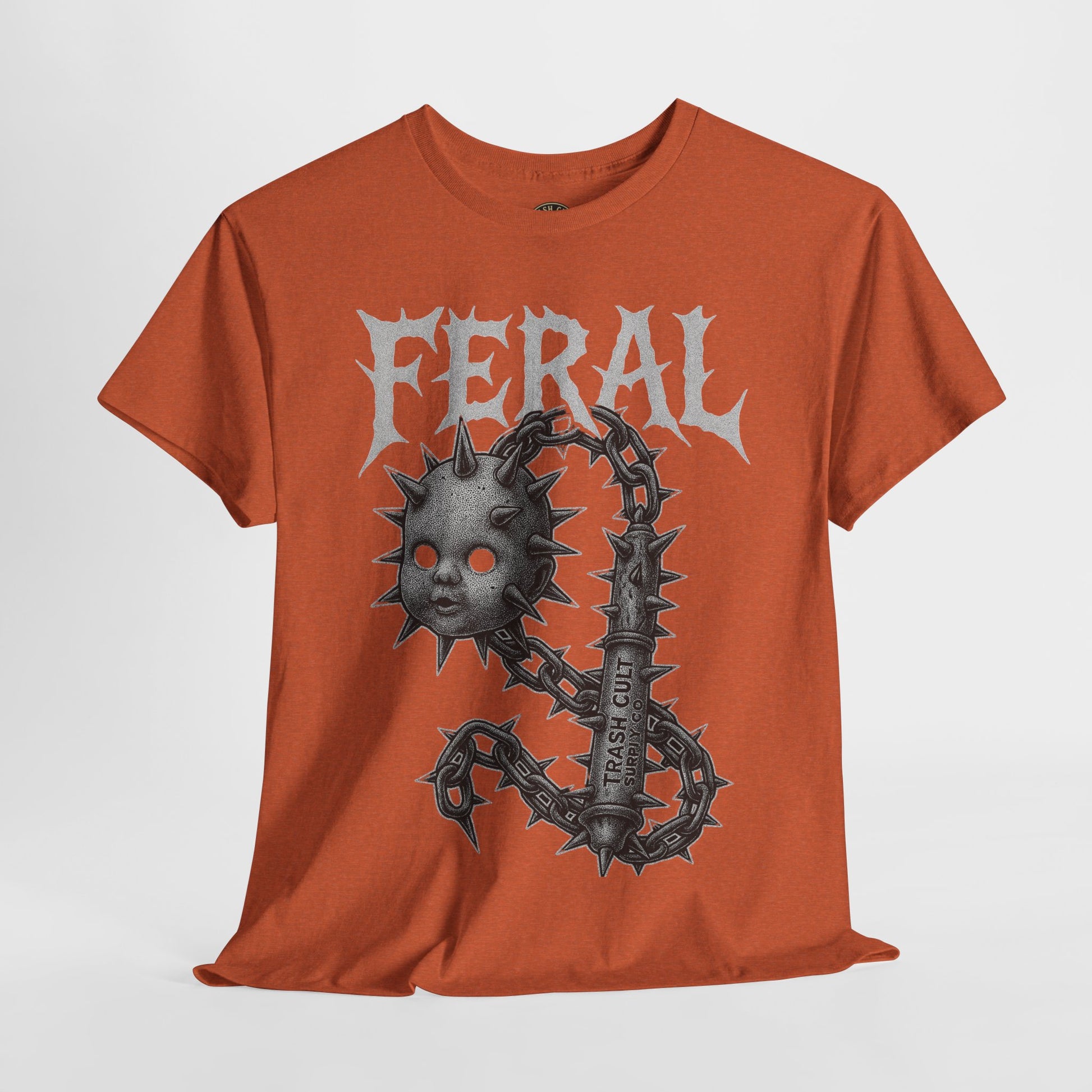 FERAL Spiked Doll Flail Tee – Halftone Gothic Weapon Shirt | Trash Cult Supply Co. | Gildan 5000