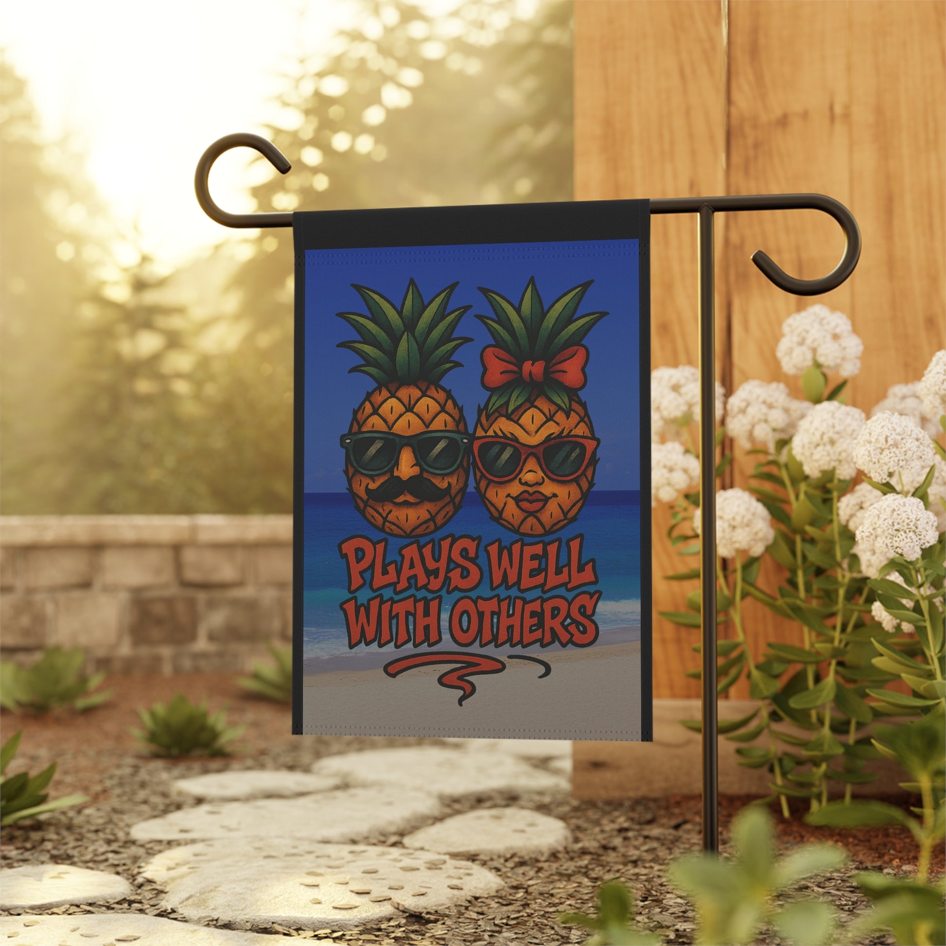 Funny Upside Down Pineapple Garden Flag – “Plays Well With Others” Tropical Banner – New School Tattoo Style