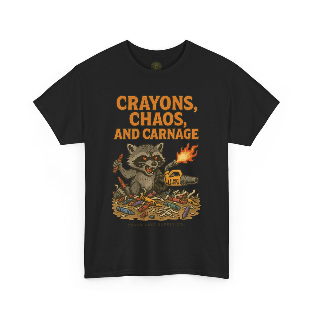 Crayons, Chaos, and Carnage T-Shirt – Dark Humor Raccoon Graphic | Trash Cult Supply Co. | Gildan 5000 Tee