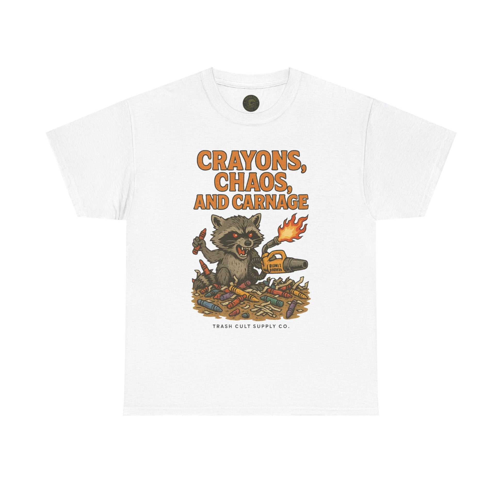 Crayons, Chaos, and Carnage T-Shirt – Dark Humor Raccoon Graphic | Trash Cult Supply Co. | Gildan 5000 Tee