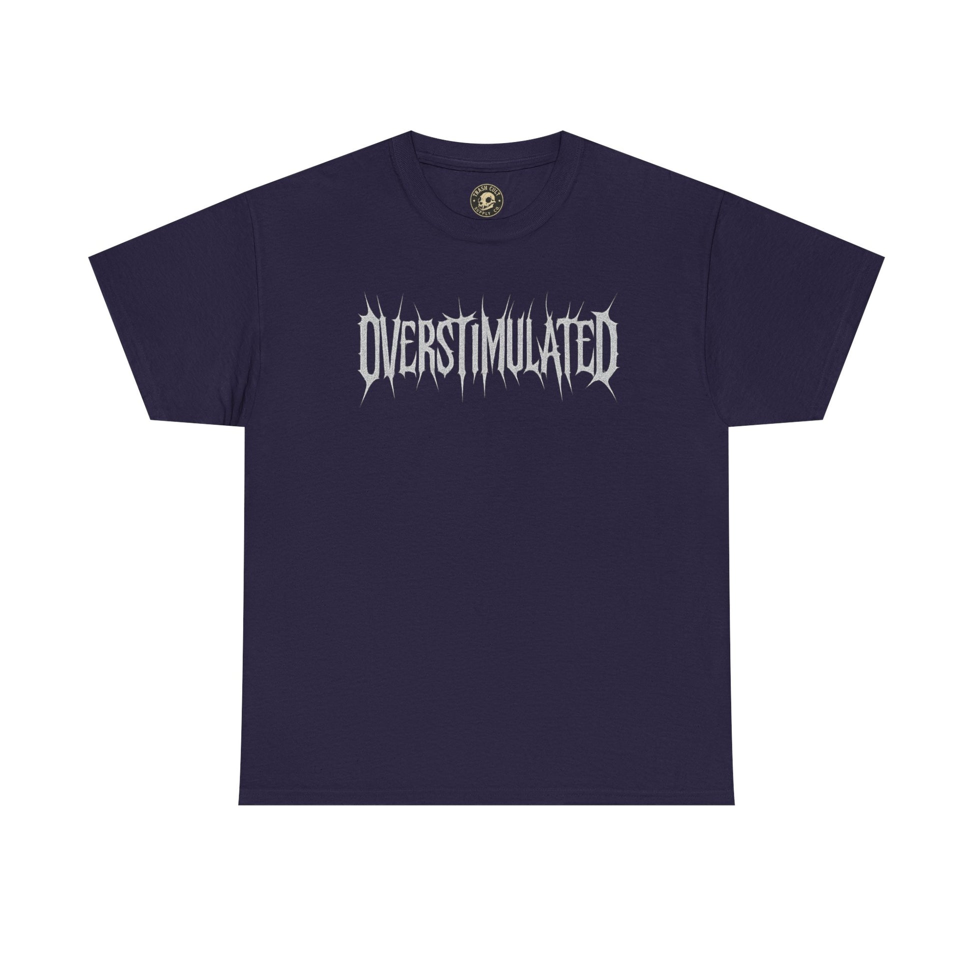 OVERSTIMULATED Metalcore Grunge Shirt – White on Black Distressed Font Tee