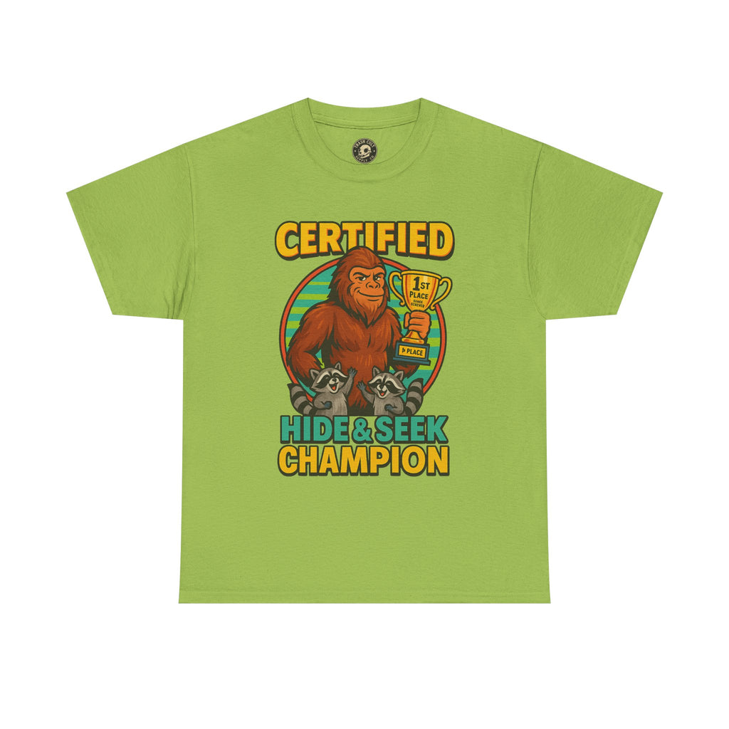 Certified Hide & Seek Champion Bigfoot T-Shirt – Funny Cryptid Shirt – Raccoon Forest Meme Tee – Gildan 5000
