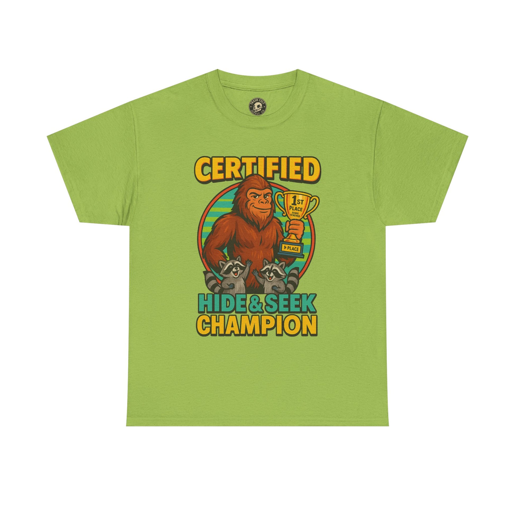 Certified Hide & Seek Champion Bigfoot T-Shirt – Funny Cryptid Shirt – Raccoon Forest Meme Tee – Gildan 5000