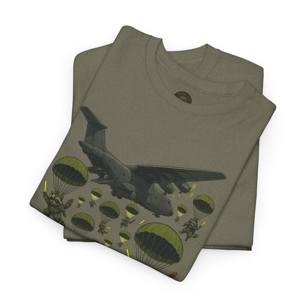 Deploy the Ferals T-Shirt – Airborne Raccoon Drop Graphic | Trash Cult Supply Co. | Gildan 5000 Heavy Cotton Tee