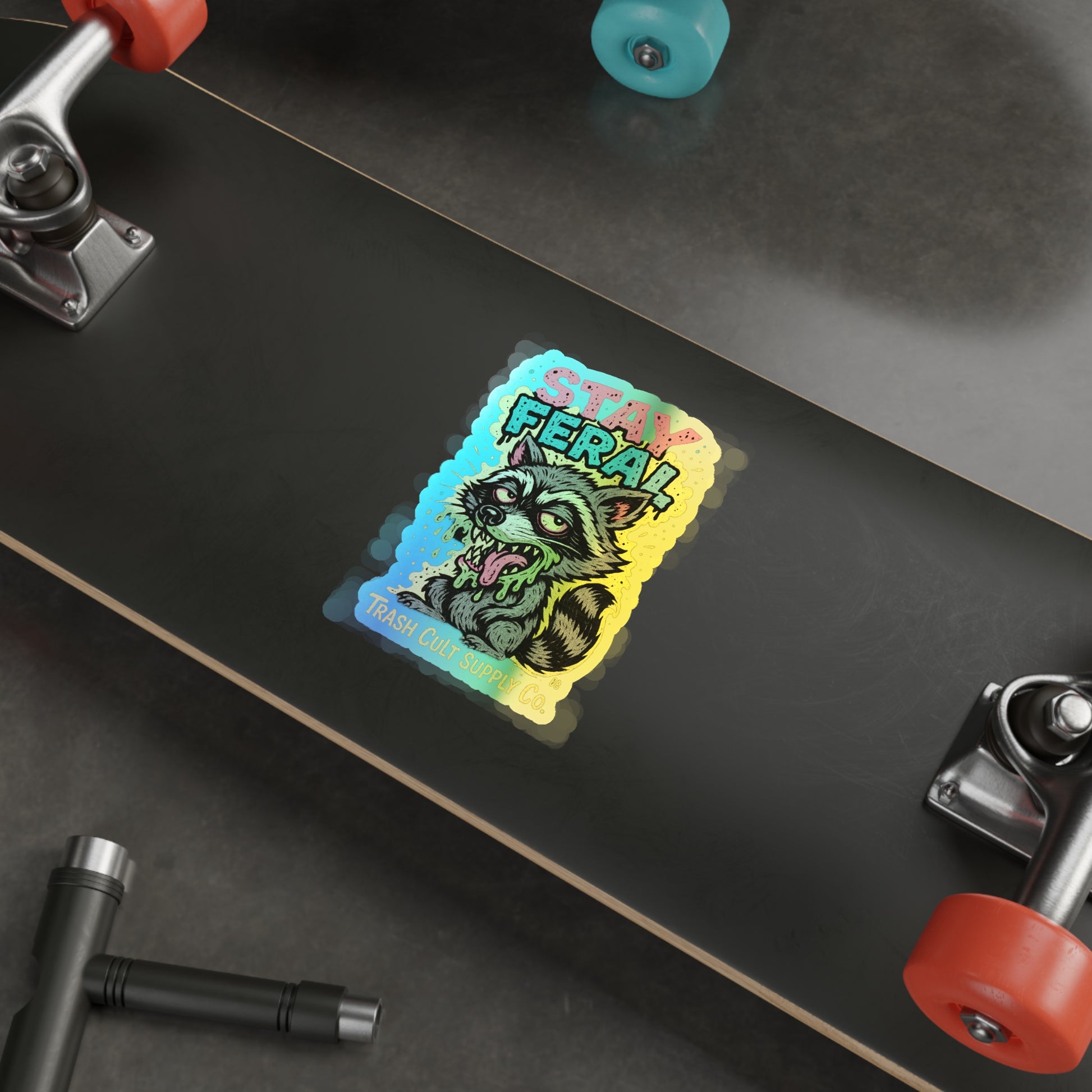 Holographic Die-Cut Stickers - Stay Feral, Fun Decor, Skateboard Accessories, Cool Vibe, Gift for Animal Lovers, Distinctive Art