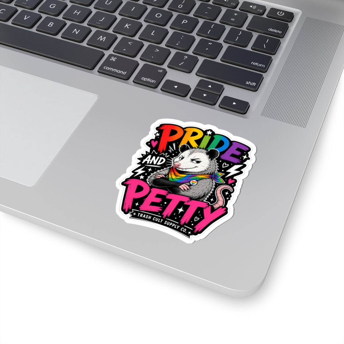 Pride and Petty Kiss-Cut Sticker — Rainbow Opossum LGBTQ+ Decorative Decal