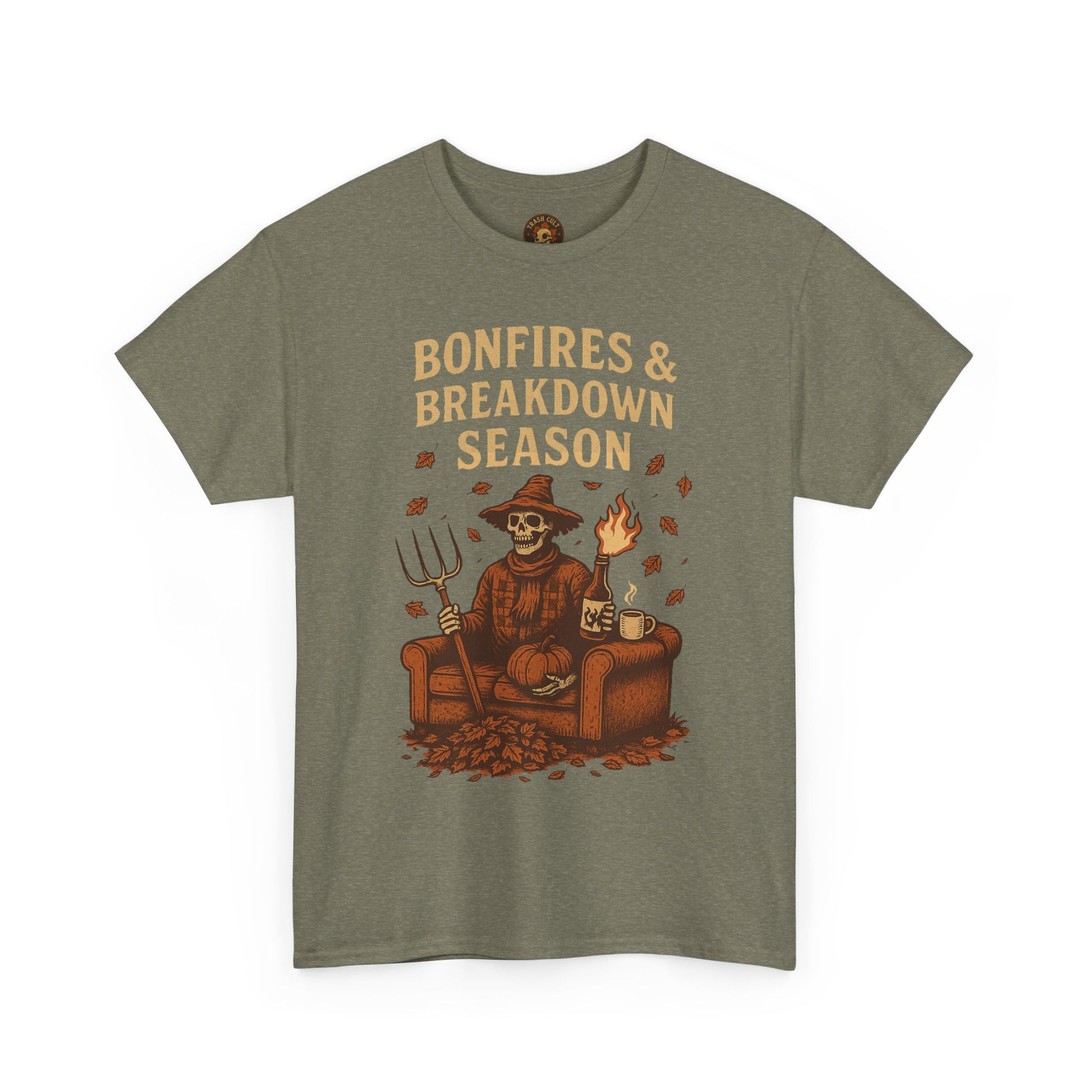 Bonfires & Breakdown Season Shirt – Skeleton Couch Chaos Tee – Fall of Humanity Collection – Trash Cult Supply Co.