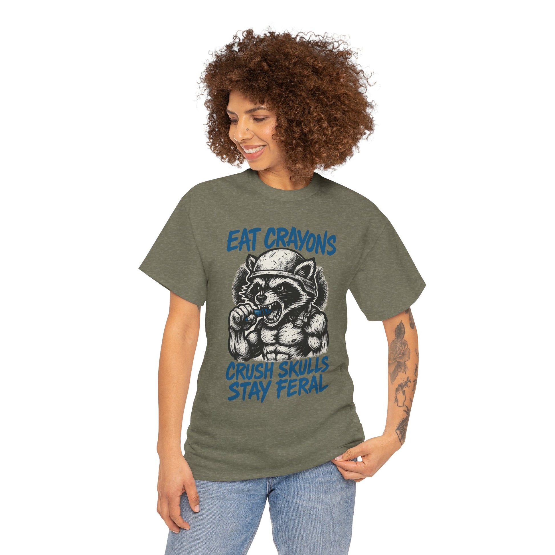 Eat Crayons Crush Skulls Stay Feral Military Raccoon Shirt – Gildan 5000