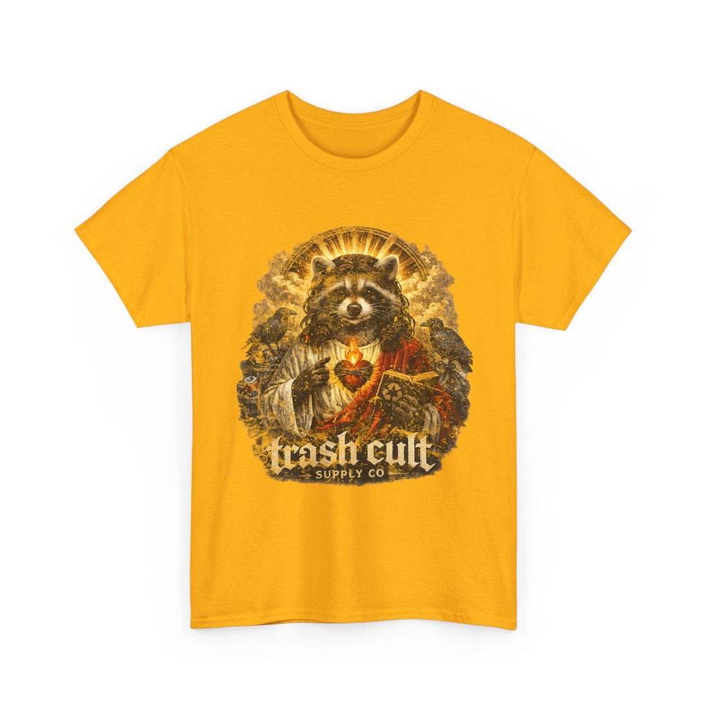 Raccoon Saint Graphic Tee — “Trash Cult” Vintage Devotional Design