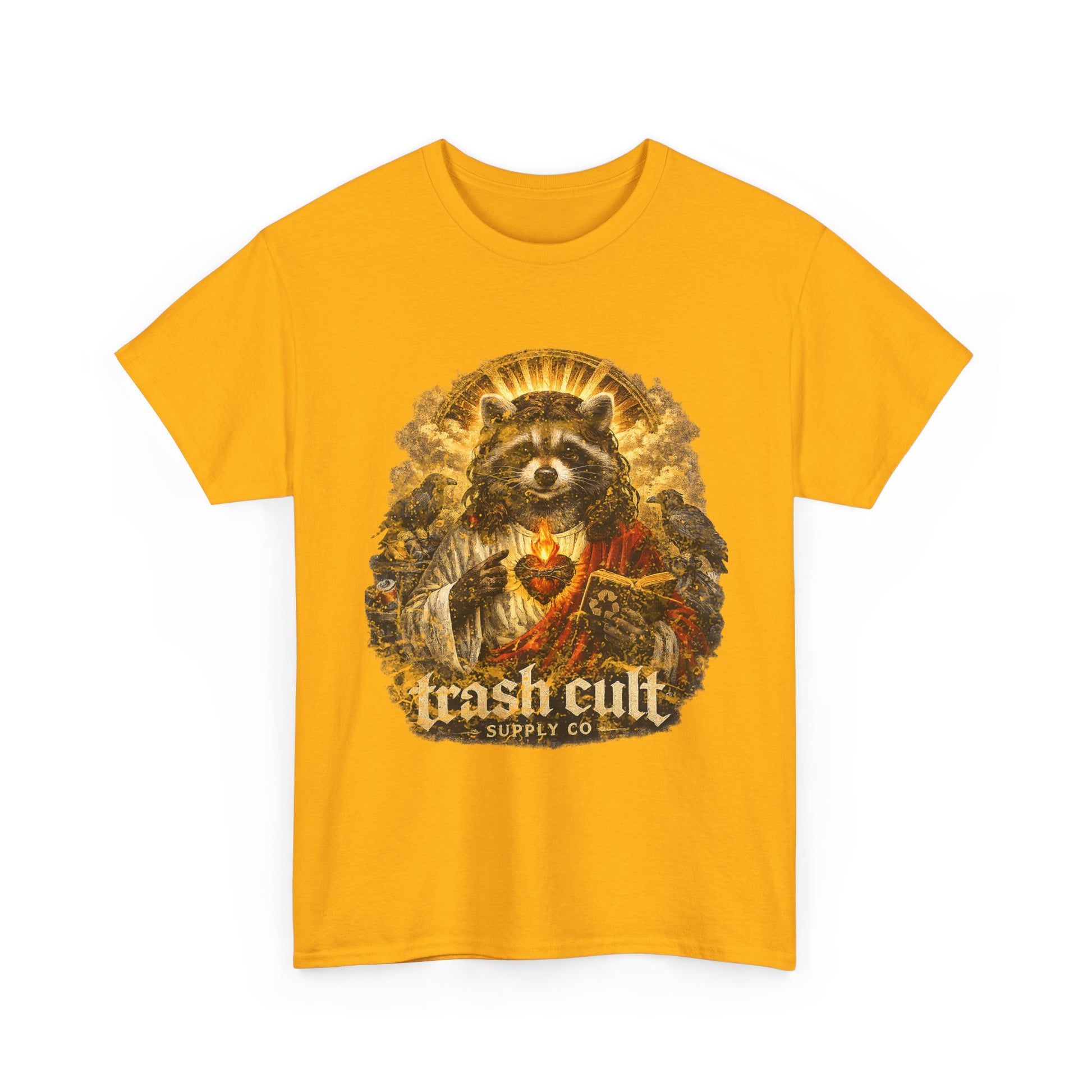 Raccoon Saint Graphic Tee — “Trash Cult” Vintage Devotional Design