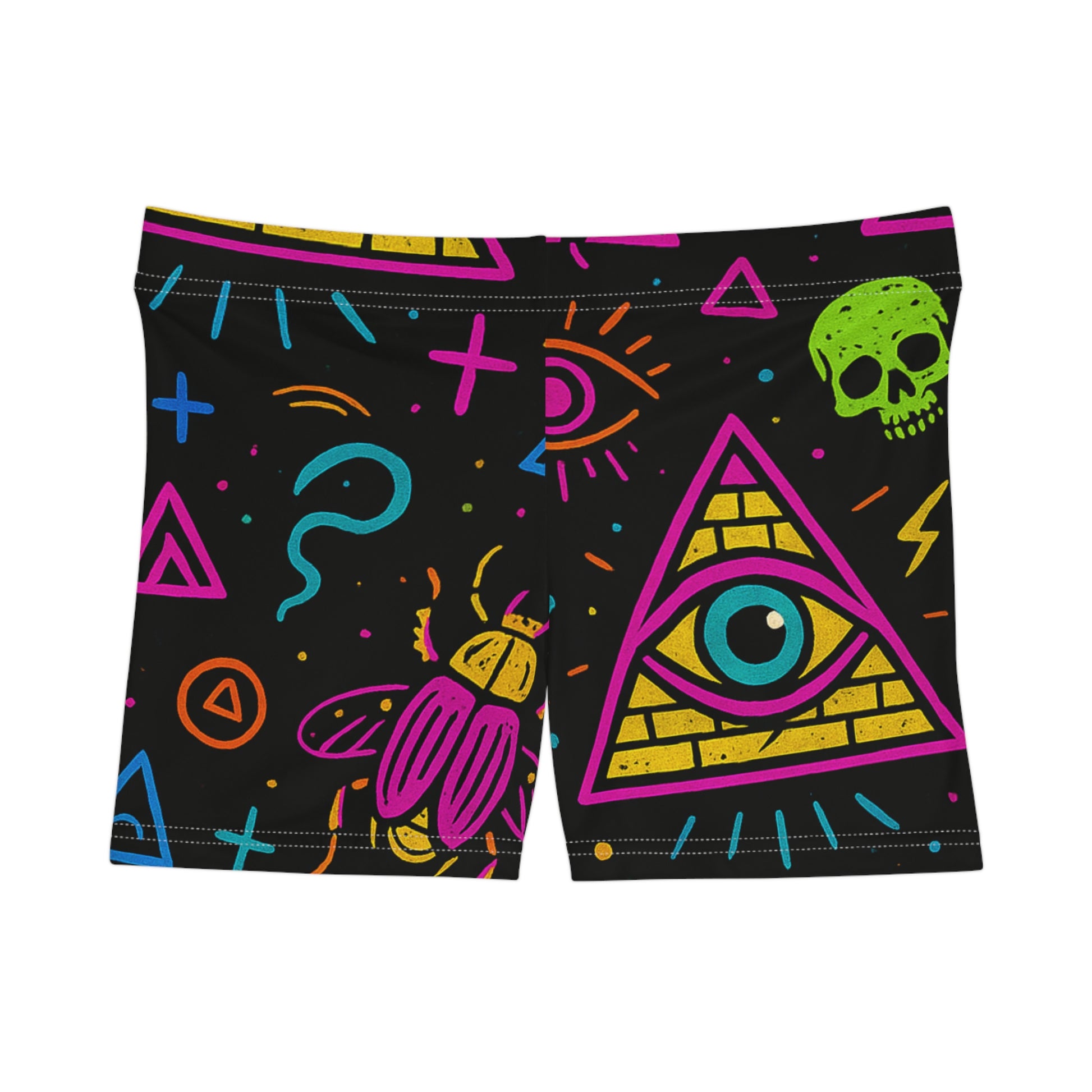 Illuminasty Drop Women’s Shorts – Neon Chaos with All-Seeing Eye, Skulls & Symbols