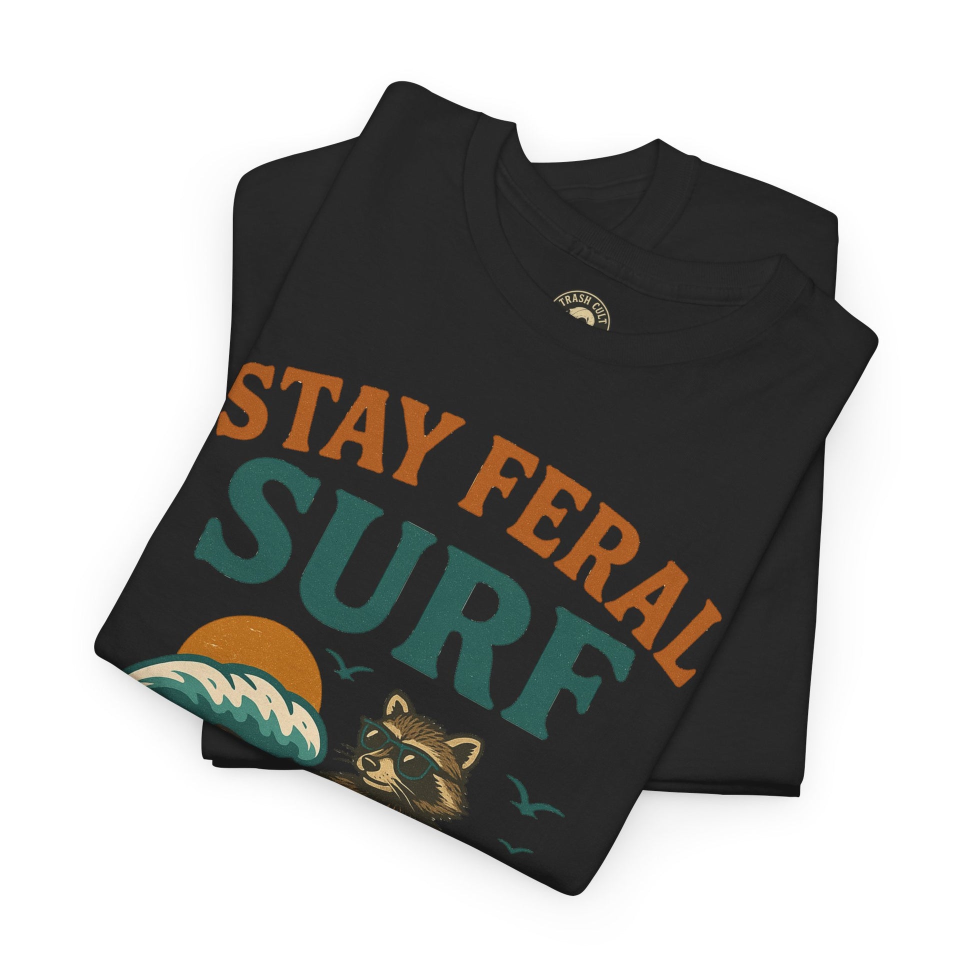 Stay Feral Surf Shirt – Retro Raccoon Beach Tee – Trash Cult Supply Co – Gildan 5000